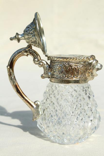 vintage syrup pitcher w/ ornate silver lion head, crystal clear glass jar