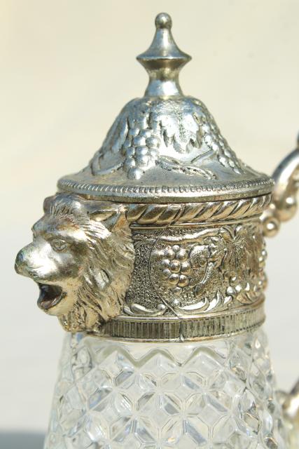 vintage syrup pitcher w/ ornate silver lion head, crystal clear glass jar