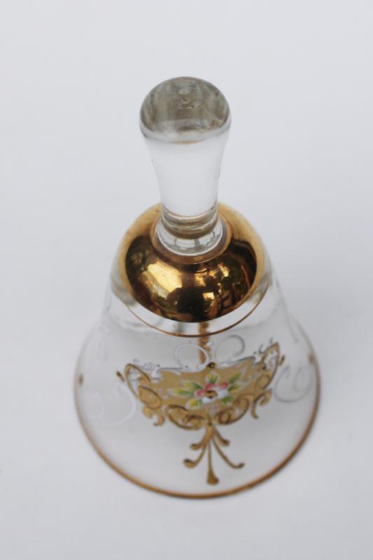 vintage table bell, bohemian style crystal clear glass with hand painted floral & gold