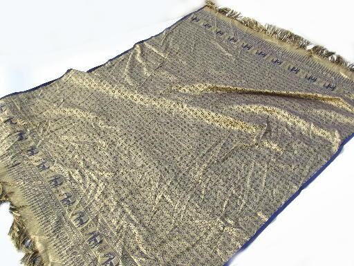 vintage table cover cloth shawl w/ Indian elephants, fringed silk brocade