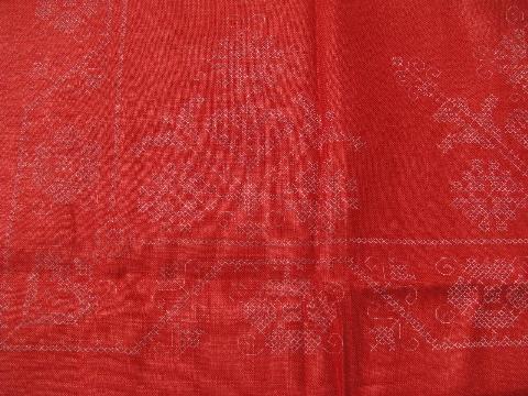 vintage table linens stamped to embroider, red & blue linen fabric tablecloths & napkins