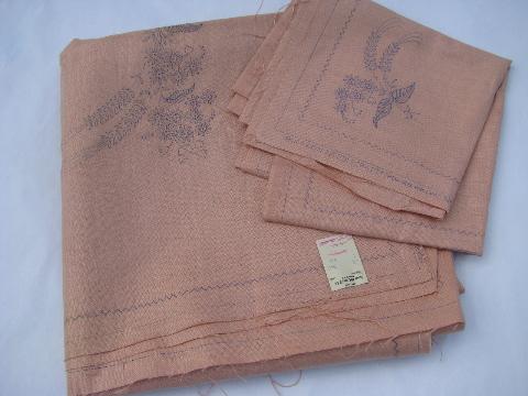 vintage table linens stamped to embroider, rose pink linen fabric tablecloth & napkins