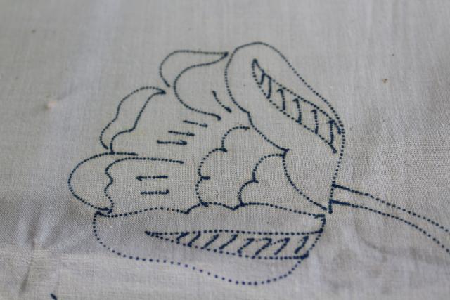 vintage tablecloth stamped for embroidery, tulips to hand stitch, depression era needlework