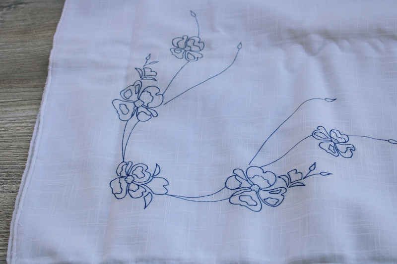 vintage tablecloth stamped to embroider, dogwoods floral w/ cotton embroidery floss shades of pink
