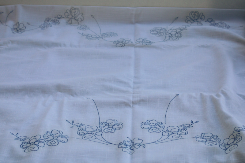vintage tablecloth stamped to embroider, dogwoods floral w/ cotton embroidery floss shades of pink