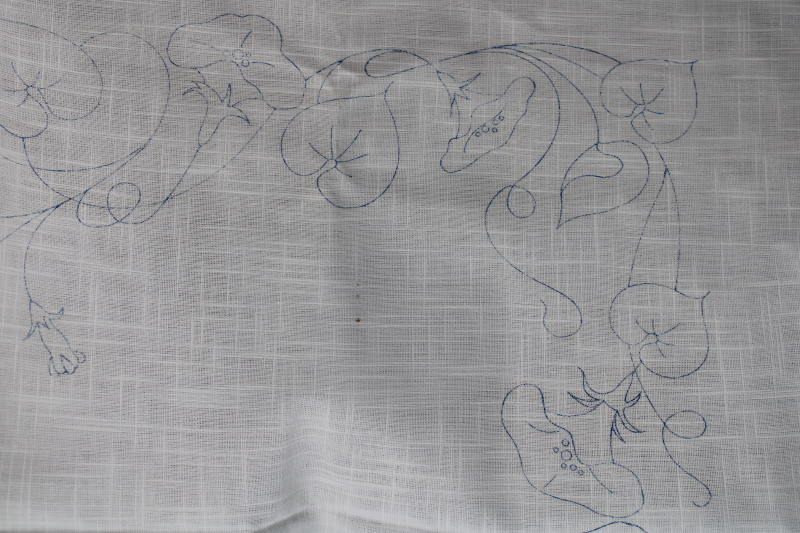 vintage tablecloth stamped to embroider, morning glories floral w/ cotton embroidery floss blue green