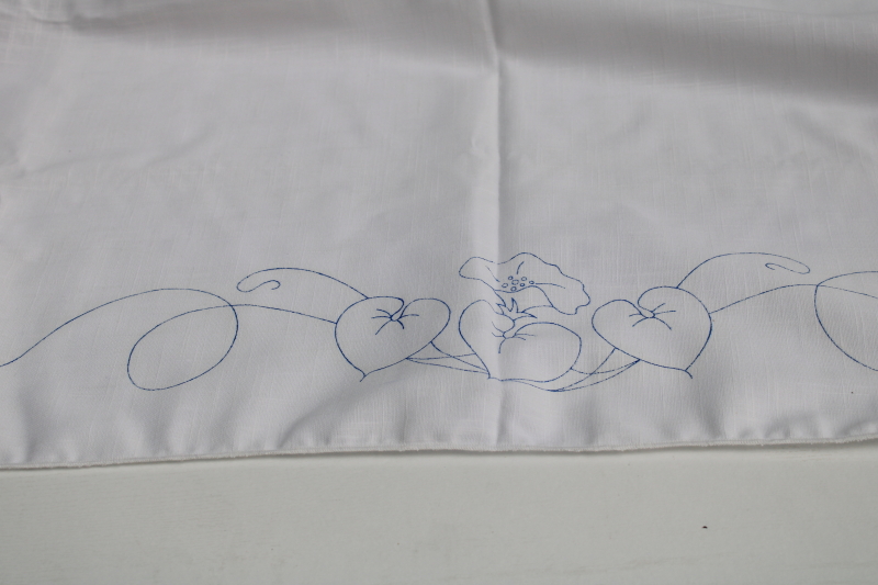 vintage tablecloth stamped to embroider, morning glories floral w/ cotton embroidery floss blue green
