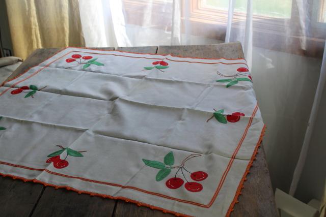 vintage tablecloth with red cherries applique and embroidery, card table cloth