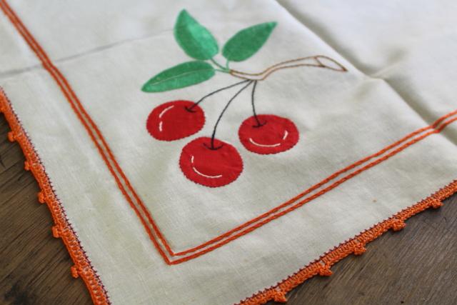 vintage tablecloth with red cherries applique and embroidery, card table cloth