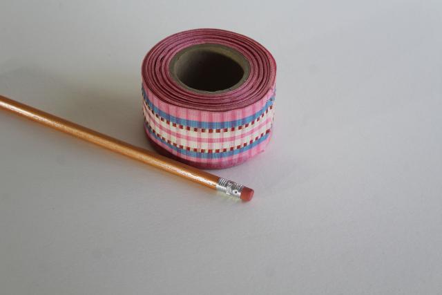 vintage taffeta ribbon, woven checked plaid stripe candy pink, red, blue