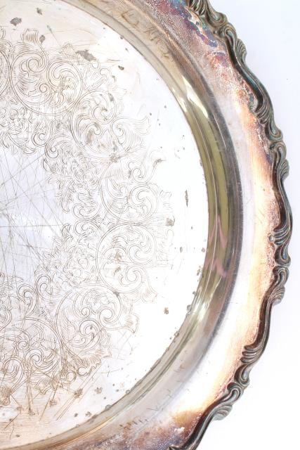 vintage tarnished silver plate round platter or serving tray, rustic wedding cake plate