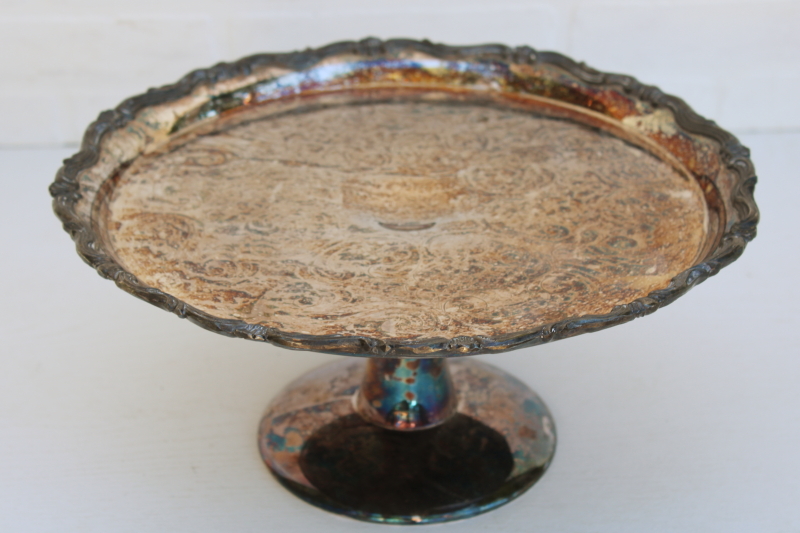 vintage tarnished silver plated cake stand, pedestal plate for serving tray or display