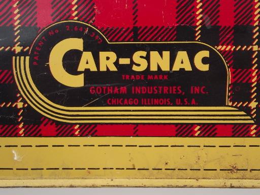 vintage tartanware plaid thermos carrier, 1950s car travel picnic tin