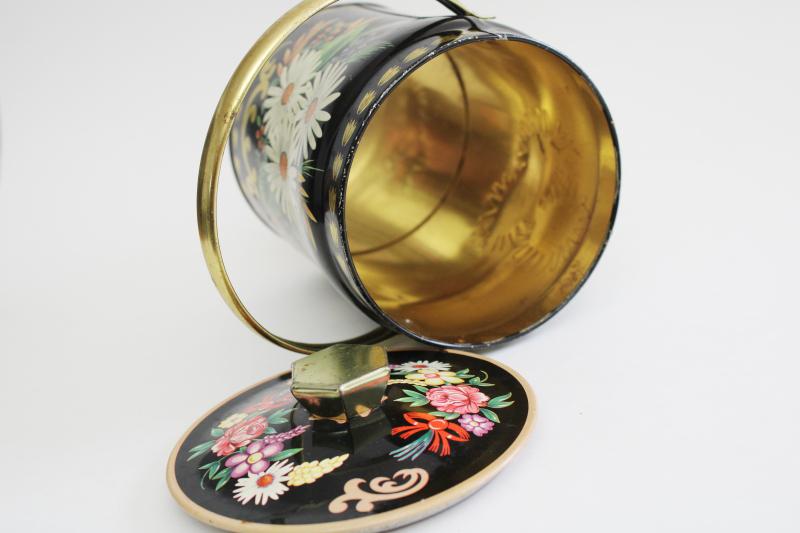 vintage tea or biscuits tin w/ lunch bucket handle, daisies & flowers on black