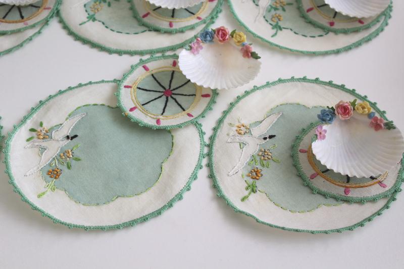vintage tea table party set, fancy seashell dishes & embroidered rounds coasters napkins