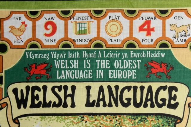 vintage tea towel, common words in Welsh language print, souvenir of Wales