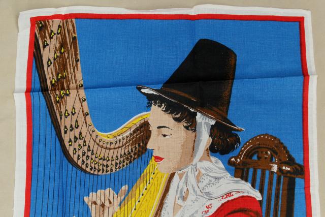 vintage tea towel souvenir of Wales, Welsh folk costume lady w/ harp print