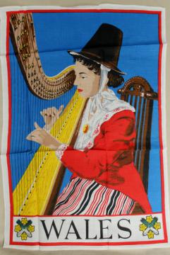 vintage tea towel souvenir of Wales, Welsh folk costume lady w/ harp print