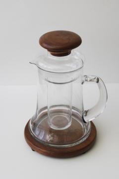 vintage teak  glass ice water carafe set, minimalist modern for table or kitchen