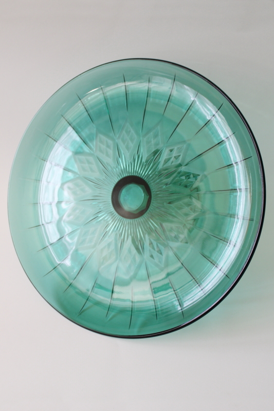 vintage teal green glass cake plate, Canfield pattern Anchor Hocking cake stand