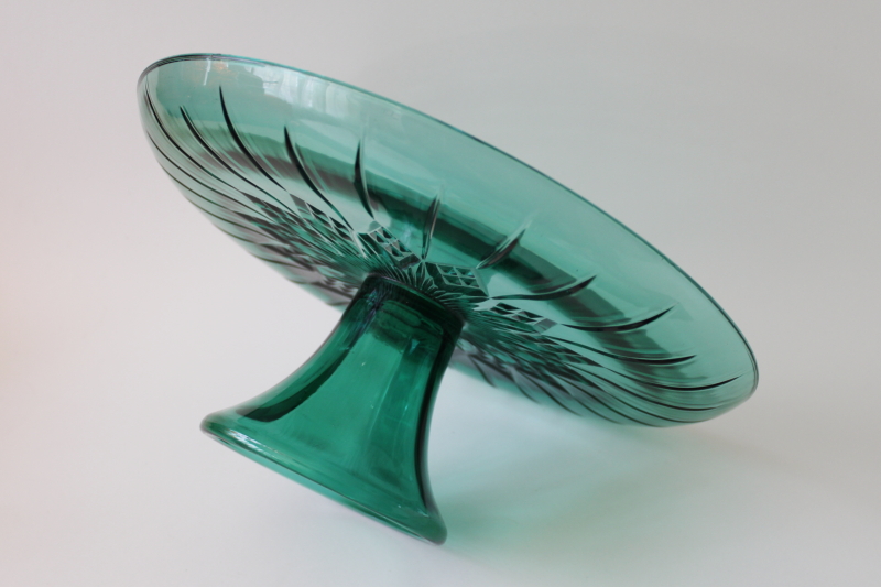 vintage teal green glass cake plate, Canfield pattern Anchor Hocking cake stand
