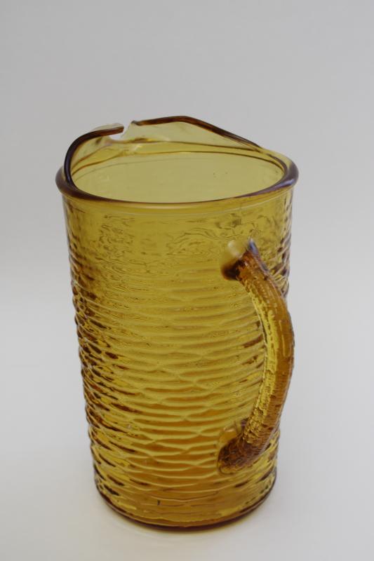 vintage textured glass pitcher, retro honey gold amber glass, Anchor Hocking Soreno