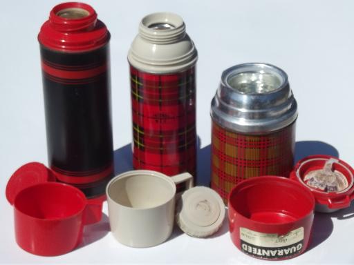 vintage thermos bottles for lunch or picnics, red tartanware plaid