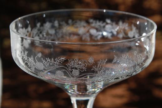 vintage thistle etched glass stemware, saucer coupe champagne glasses set of 10