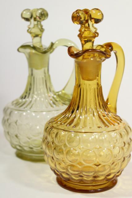 vintage thousand eye pattern pressed glass cruets, antique EAPG yellow amber glassware