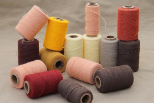 vintage thread spools, lot of embroidery yarn in primitive earth tone colors