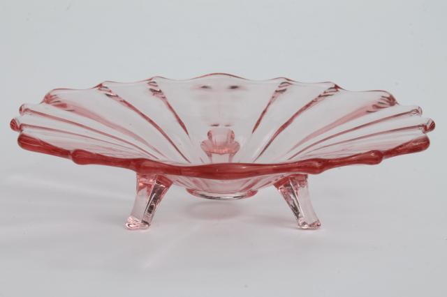 vintage three toed candy dish / footed bowl, pink depression glass