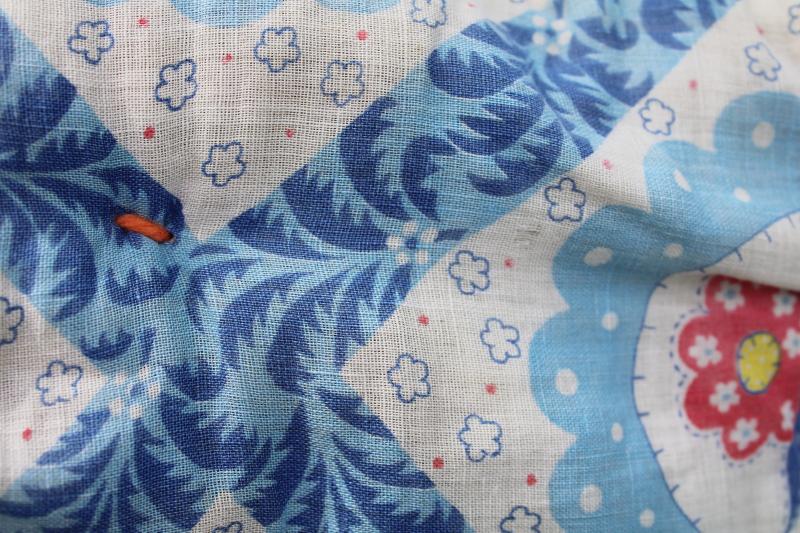 vintage tied quilt comforter, light cotton feed sack fabric blue flowery print