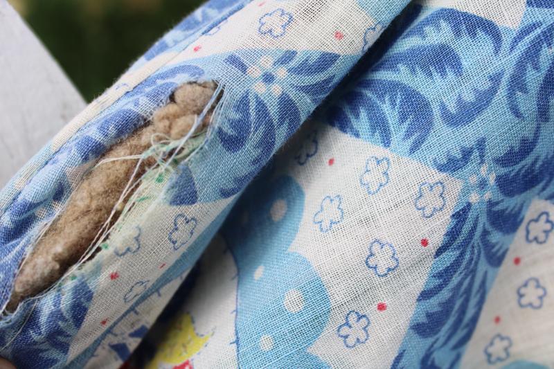 vintage tied quilt comforter, light cotton feed sack fabric blue flowery print