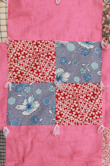 vintage tied quilt patchwork bedspread, candy pink cotton w/ print fabrics
