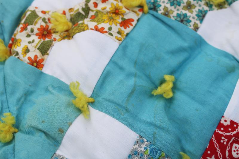 vintage tied quilt, puffy baby crib cover bow-tie patchwork cotton prints w/ turquoise