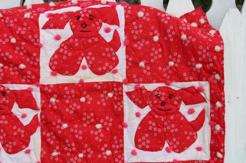 vintage tied quilt, red & white calico puppy dog applique baby crib cover comforter