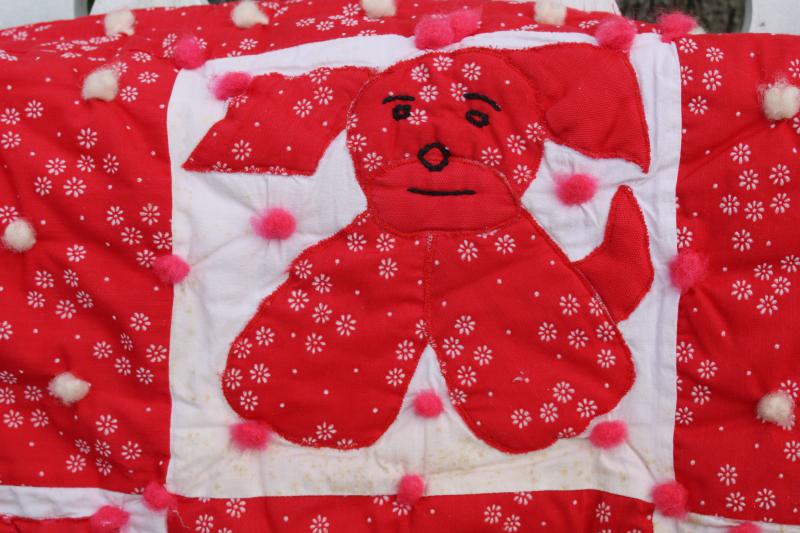 vintage tied quilt, red & white calico puppy dog applique baby crib cover comforter