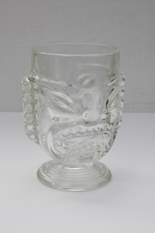 vintage tiki cup, happy sad face glass head vase, candle holder, drinking glass
