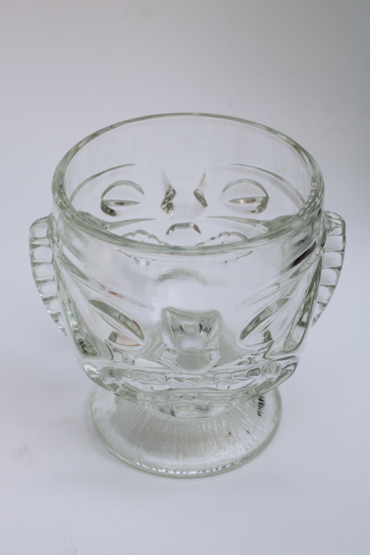 vintage tiki cup, happy sad face glass head vase, drinking glass or candle holder