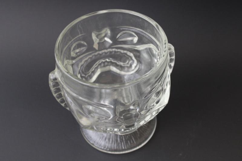 vintage tiki cup or vase, large heavy clear glass head, happy / sad two faced mug