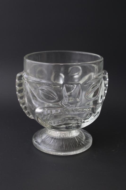 vintage tiki cup or vase, large heavy clear glass head, happy / sad two faced mug