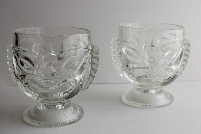 vintage tiki cups, large heavy clear glass heads for vases, candle holders, drinking glasses
