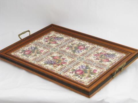 vintage tiled tray, flower patterned ceramic tiles framed in wood, brass handles