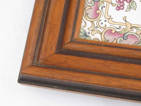 vintage tiled tray, flower patterned ceramic tiles framed in wood, brass handles