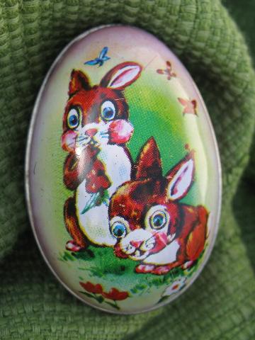 vintage tin Easter egg candy containers, 50s-60s metal litho print eggs