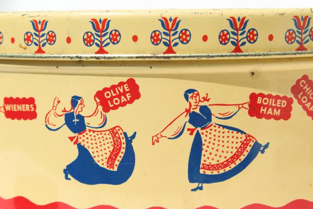 vintage tin advertising Petersen Sandwich Meats, little girl in Scandinavian folk costume