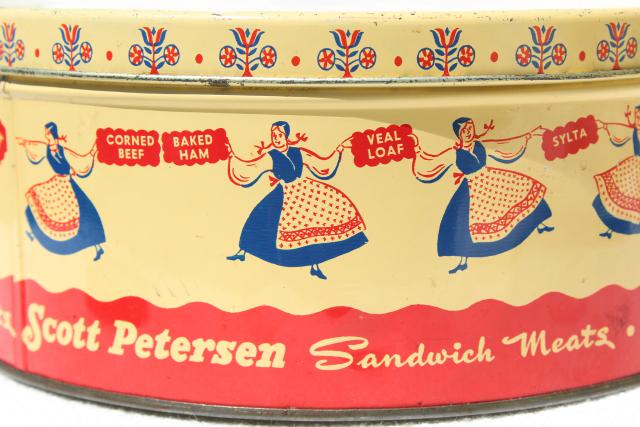 vintage tin advertising Petersen Sandwich Meats, little girl in Scandinavian folk costume