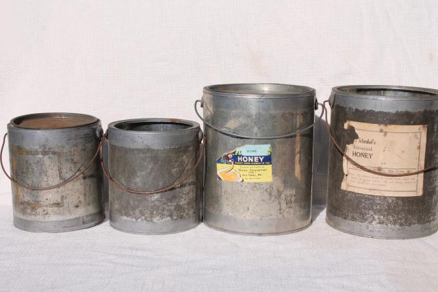 vintage tin cans, rustic primitive old zinc metal honey pail buckets