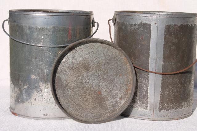 vintage tin cans, rustic primitive old zinc metal honey pail buckets