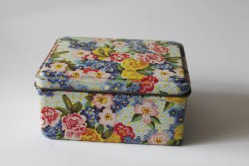 vintage tin hinged lid w/ litho print chintz floral, sewing or jewelry box